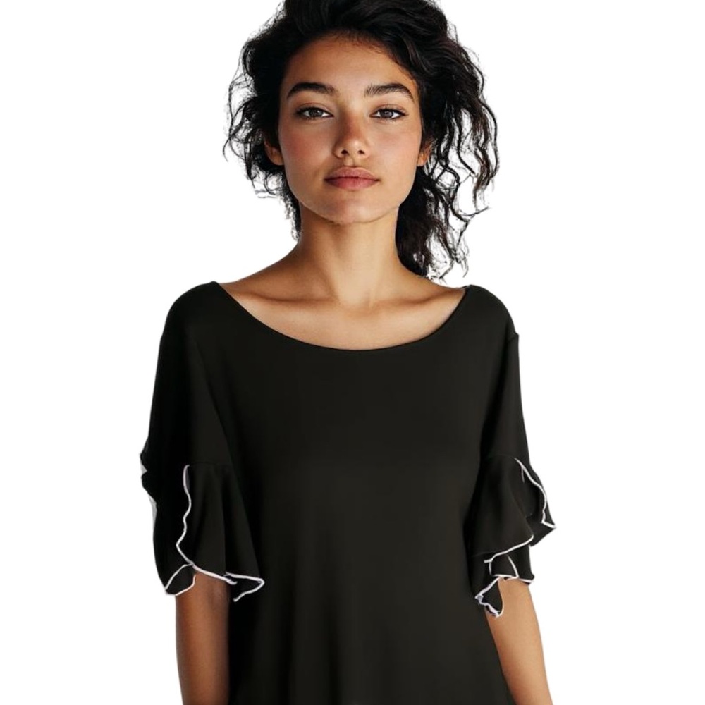 Calvin Klein Black Tulip Sleeve White Trim Short Sleeve Blouse